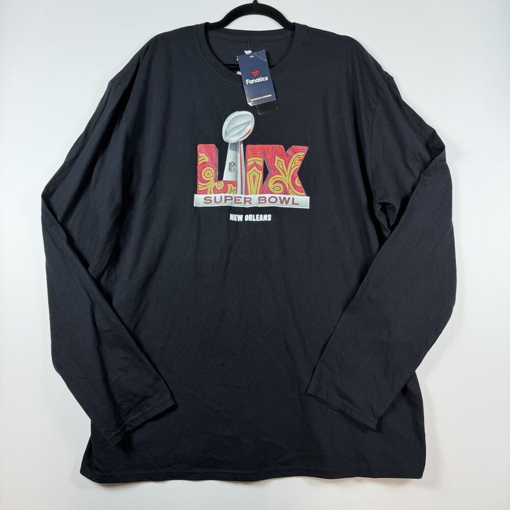 Fanatics Mens Super Bowl LIX New Orleans Shirt Size 2XL Black NFL Long Sleeve